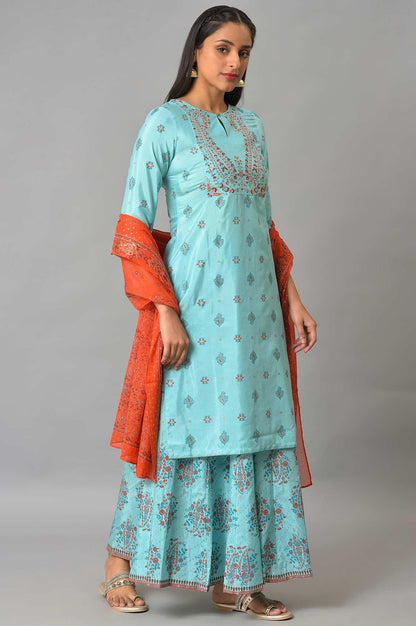 W for Woman Blue Glitter Printed kurta And Culottes With Red Dupatta