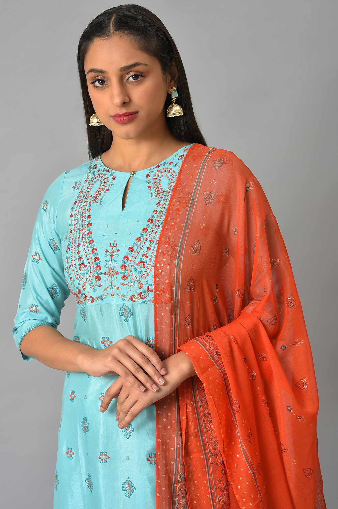 W for Woman Blue Glitter Printed kurta And Culottes With Red Dupatta