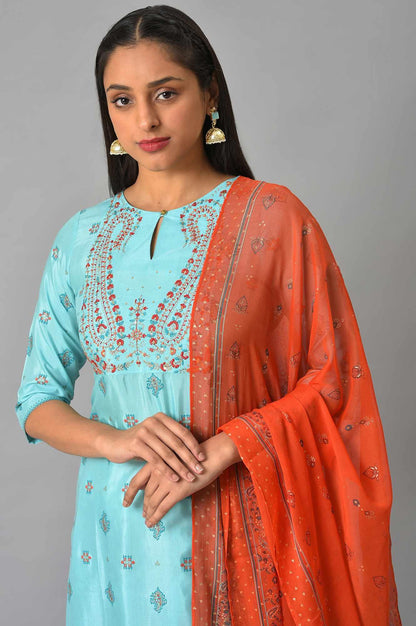 W for Woman Blue Glitter Printed kurta And Culottes With Red Dupatta