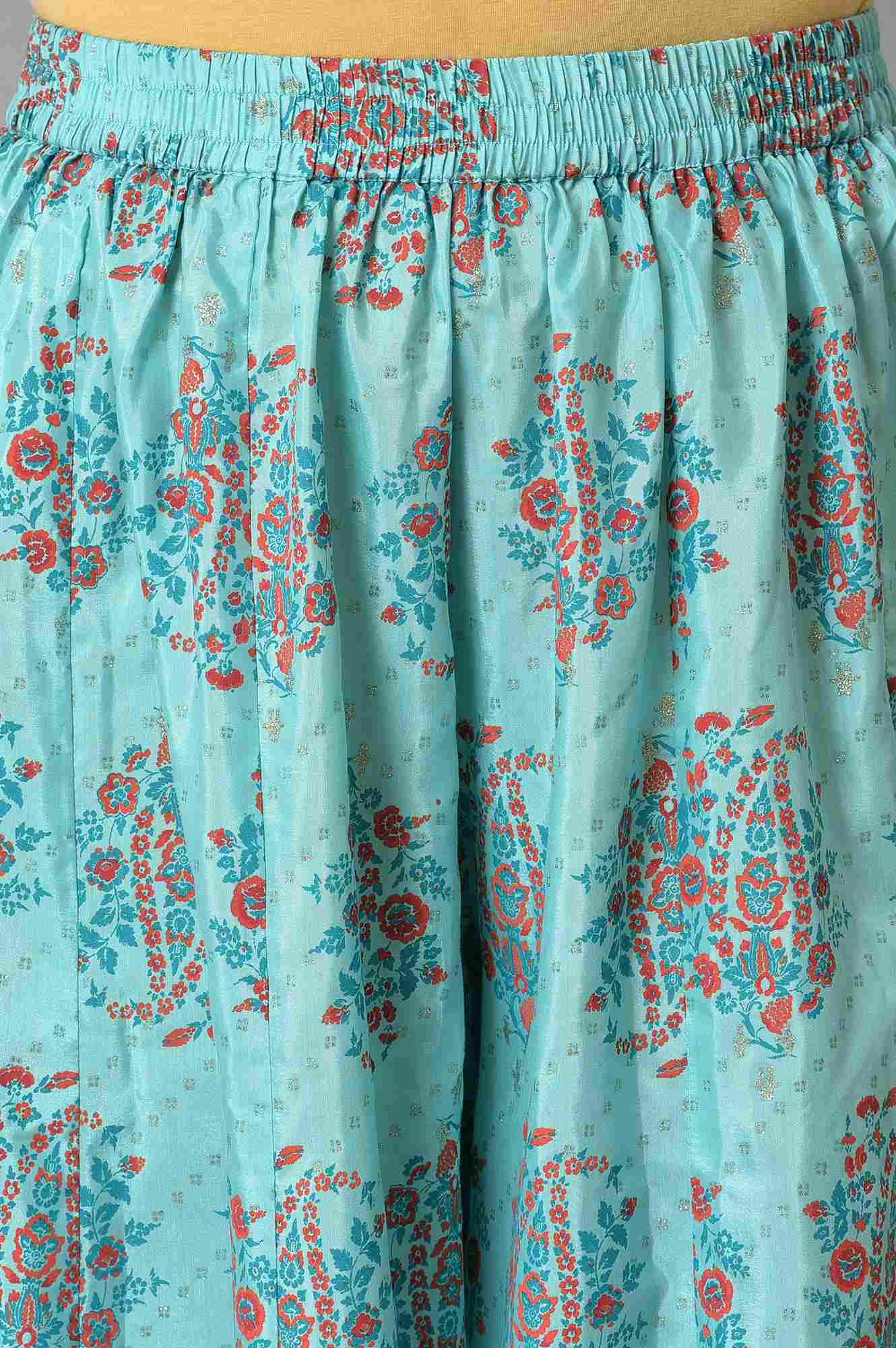 W for Woman Blue Glitter Printed kurta And Culottes With Red Dupatta