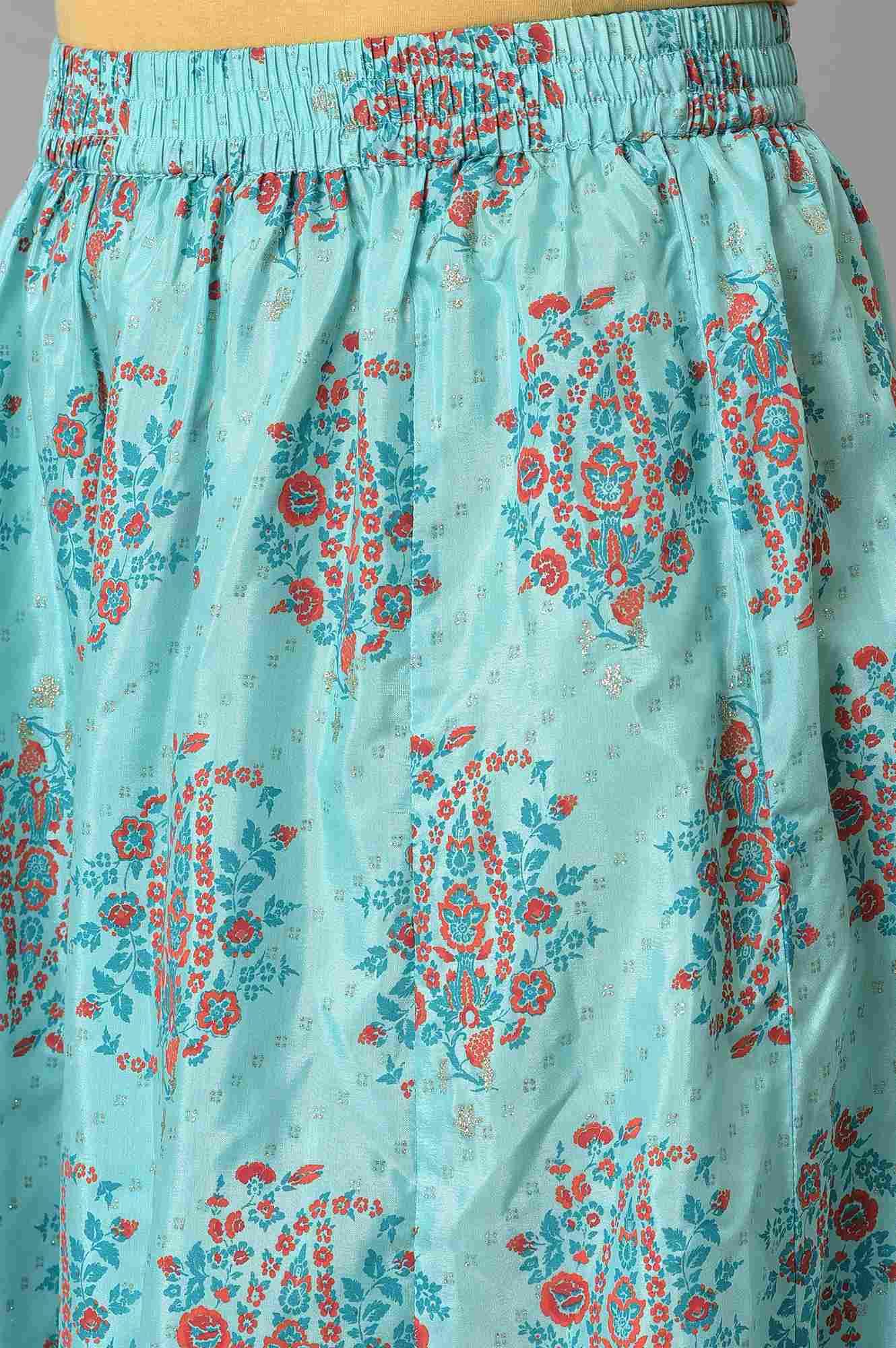 W for Woman Blue Glitter Printed kurta And Culottes With Red Dupatta