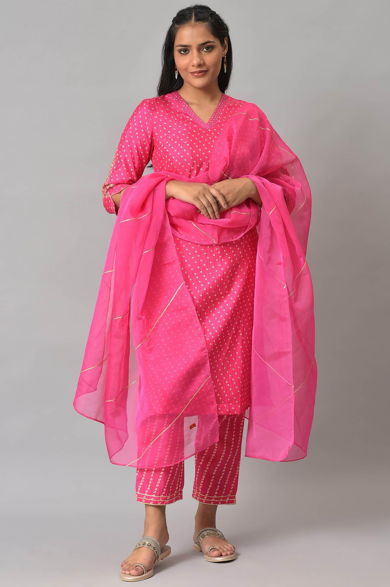 W for Woman Pink Bandhani Printed Embroidered kurta With Pants And Organza Dupatta