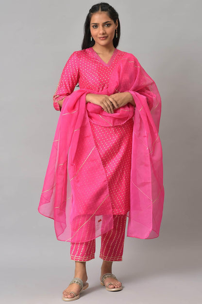 W for Woman Pink Bandhani Printed Embroidered kurta With Pants And Organza Dupatta