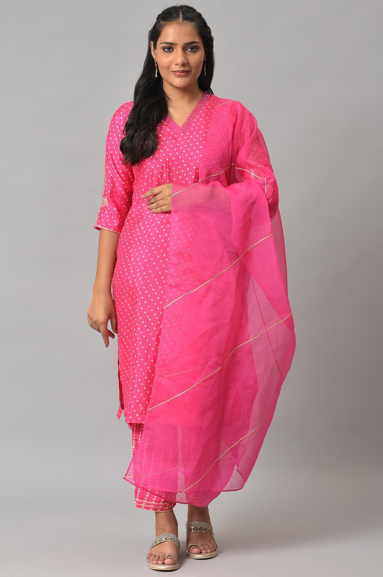 W for Woman Pink Bandhani Printed Embroidered kurta With Pants And Organza Dupatta