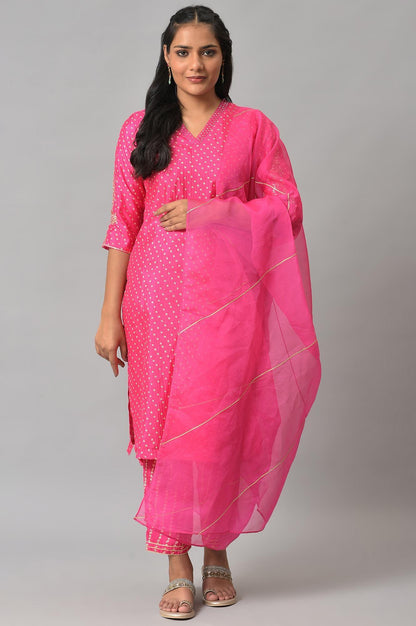 W for Woman Pink Bandhani Printed Embroidered kurta With Pants And Organza Dupatta