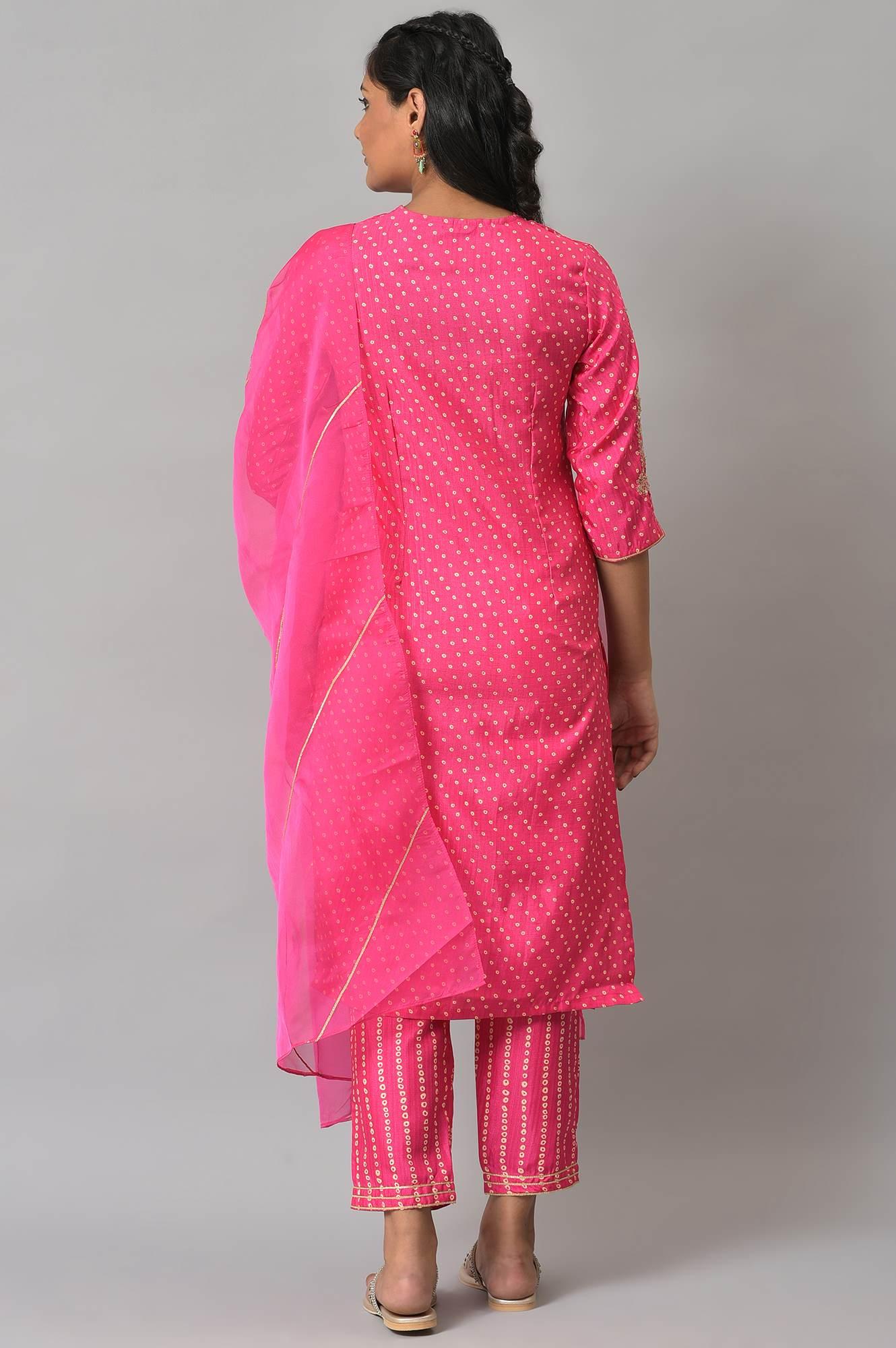 W for Woman Pink Bandhani Printed Embroidered kurta With Pants And Organza Dupatta
