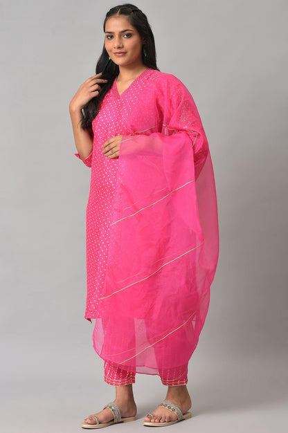 W for Woman Pink Bandhani Printed Embroidered kurta With Pants And Organza Dupatta