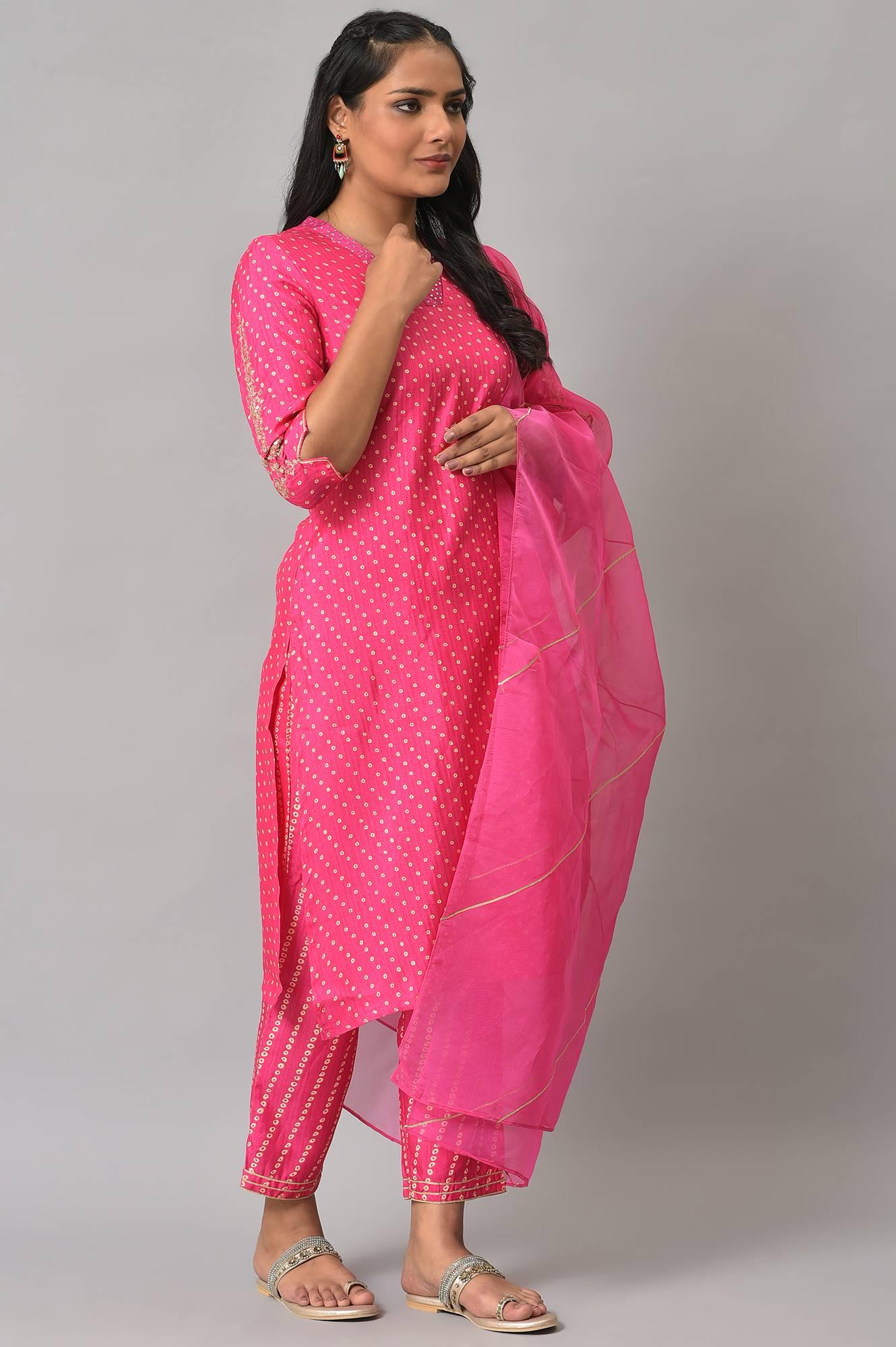 W for Woman Pink Bandhani Printed Embroidered kurta With Pants And Organza Dupatta