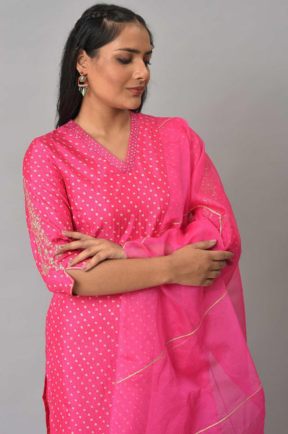W for Woman Pink Bandhani Printed Embroidered kurta With Pants And Organza Dupatta