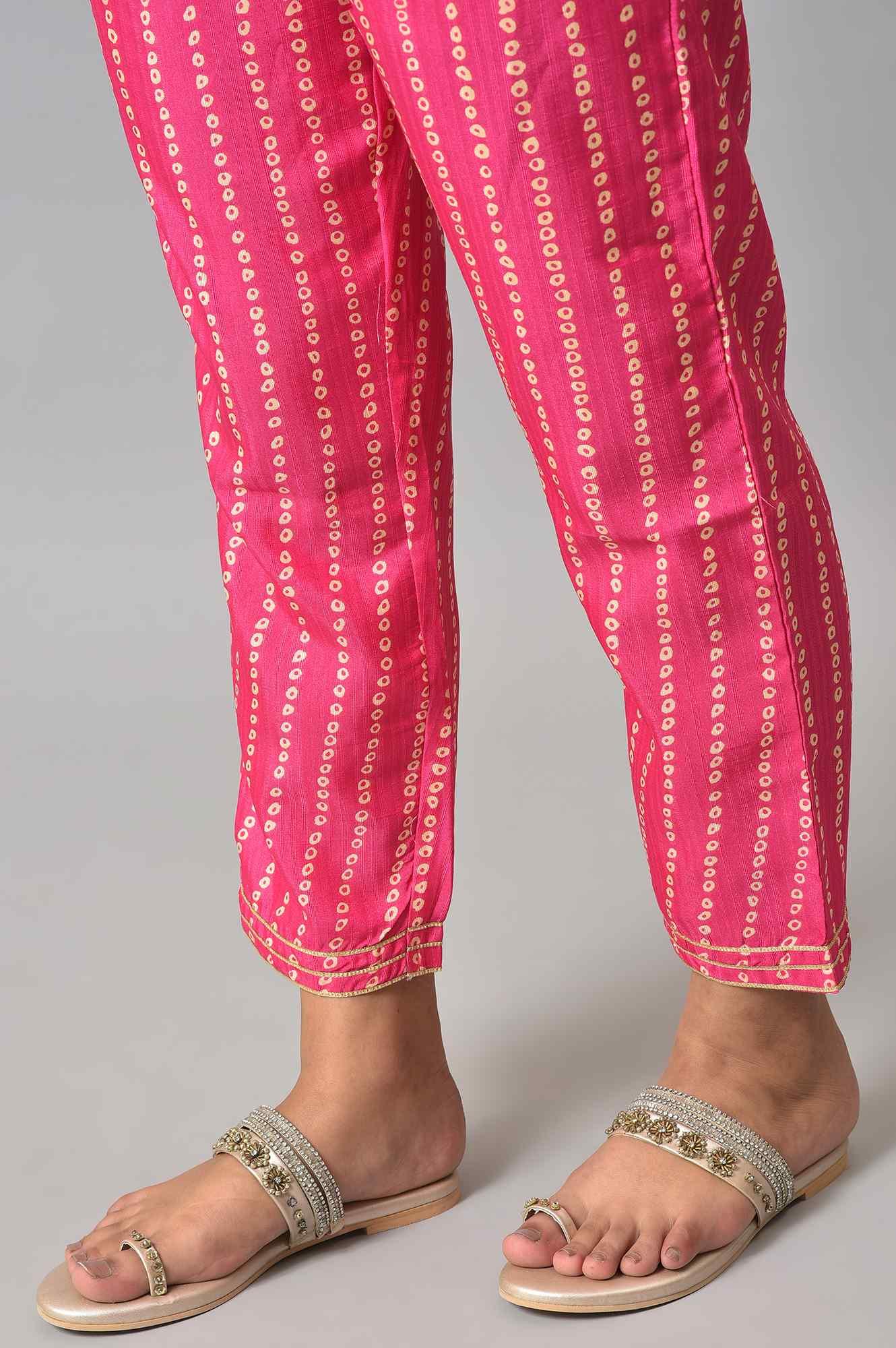 W for Woman Pink Bandhani Printed Embroidered kurta With Pants And Organza Dupatta