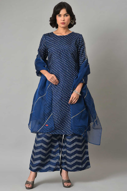 W for Woman Blue Bandhani Printed kurta With Bandhani Pants And Organza Dupatta