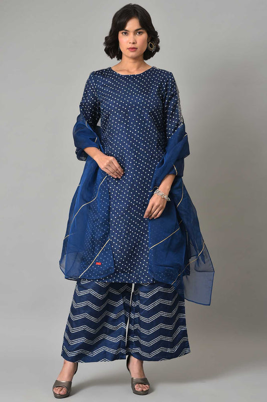 W for Woman Blue Bandhani Printed kurta With Bandhani Pants And Organza Dupatta