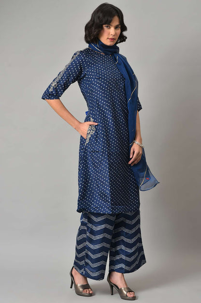 W for Woman Blue Bandhani Printed kurta With Bandhani Pants And Organza Dupatta