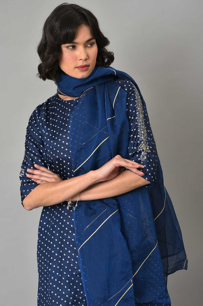 W for Woman Blue Bandhani Printed kurta With Bandhani Pants And Organza Dupatta
