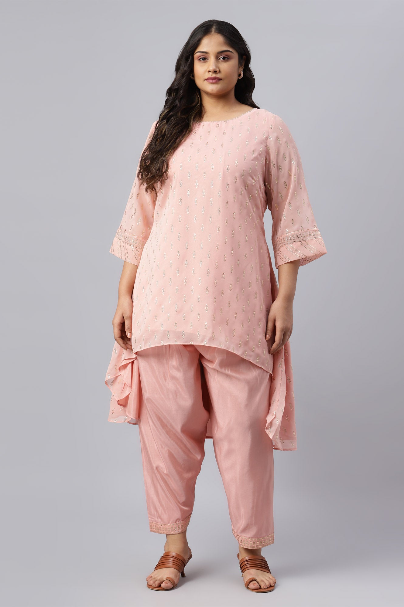 W for Woman Blush Pink Golden Mukaish Print kurta With Salwar