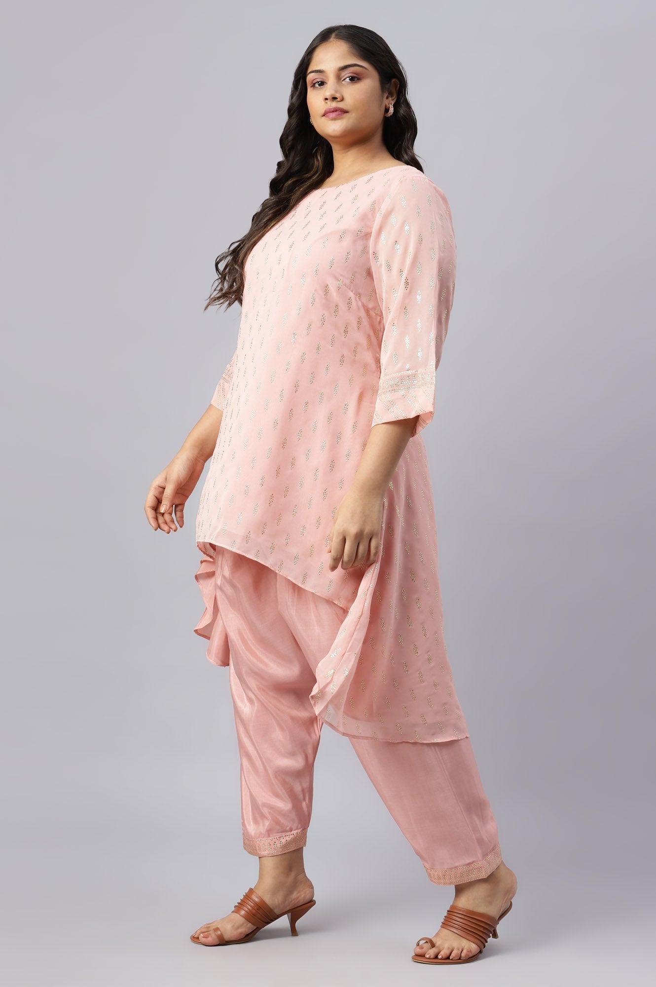 W for Woman Blush Pink Golden Mukaish Print kurta With Salwar