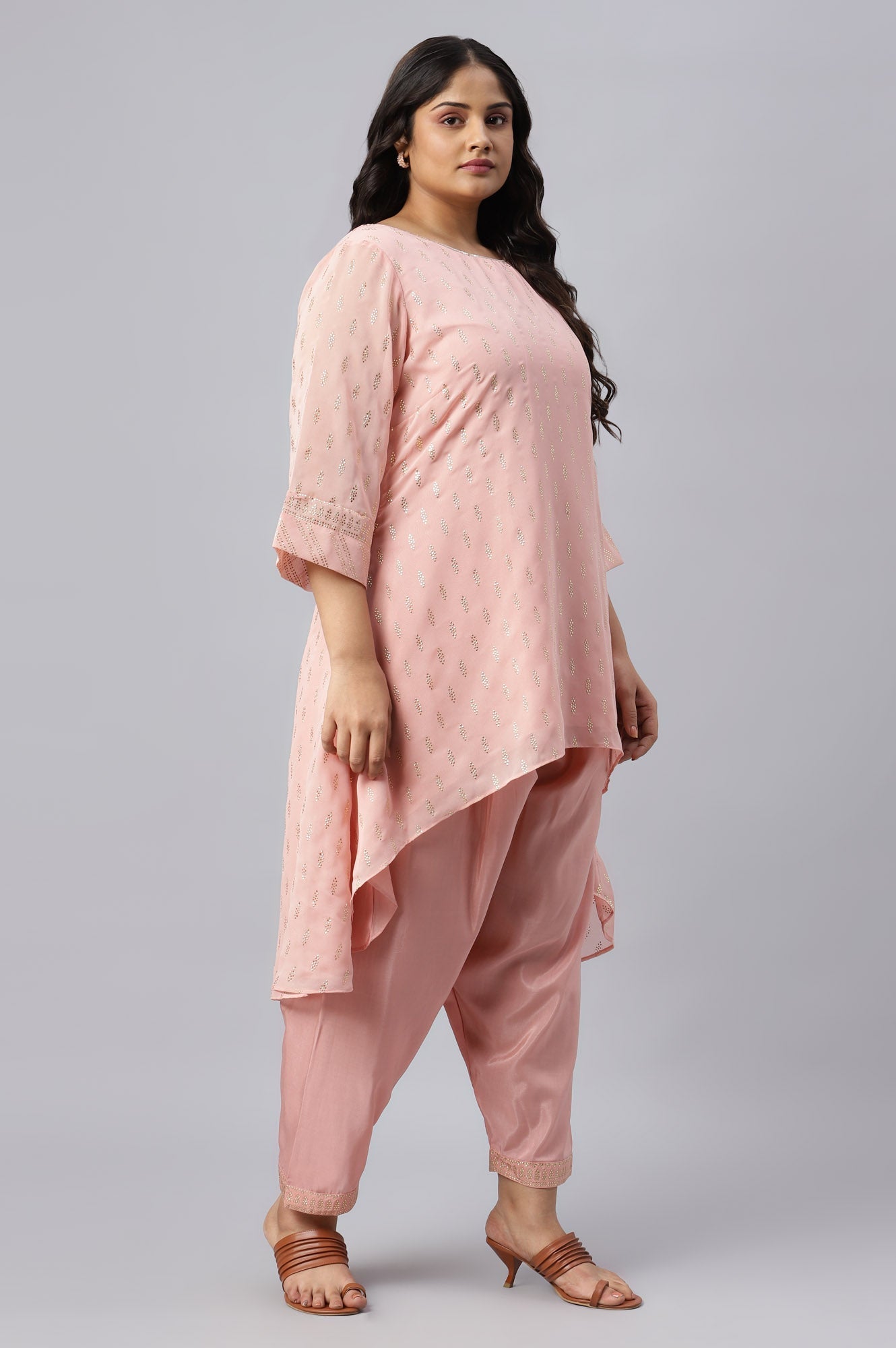 W for Woman Blush Pink Golden Mukaish Print kurta With Salwar