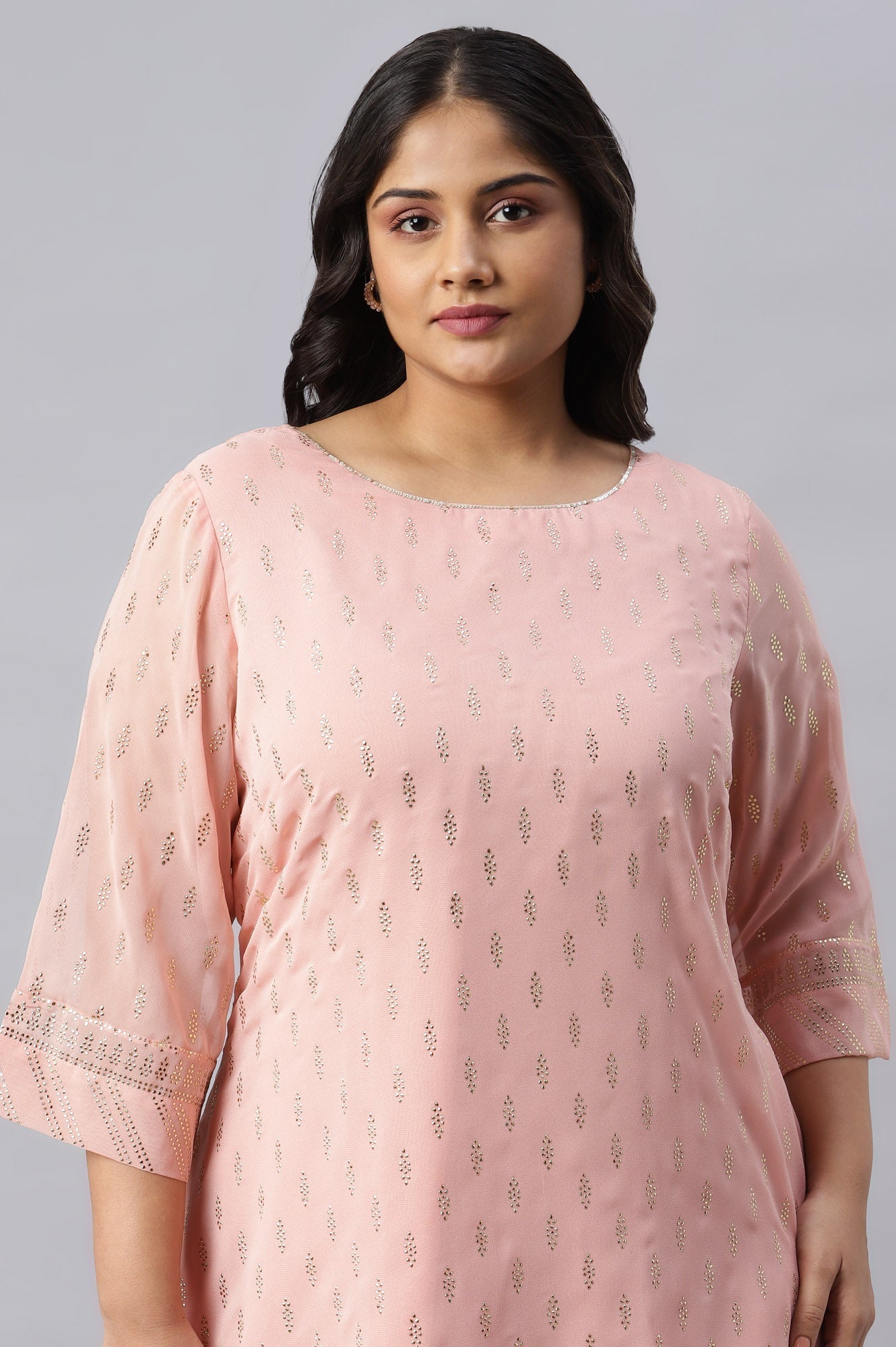 W for Woman Blush Pink Golden Mukaish Print kurta With Salwar