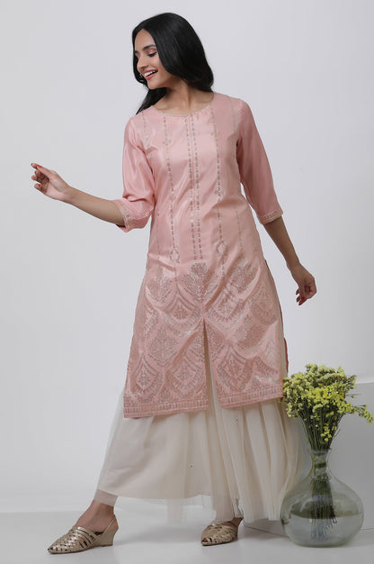 W for Woman Pink Mukaish Kurta And Mesh Skirt Set