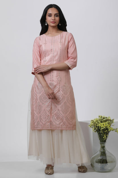 W for Woman Pink Mukaish Kurta And Mesh Skirt Set