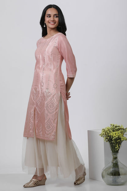W for Woman Pink Mukaish Kurta And Mesh Skirt Set