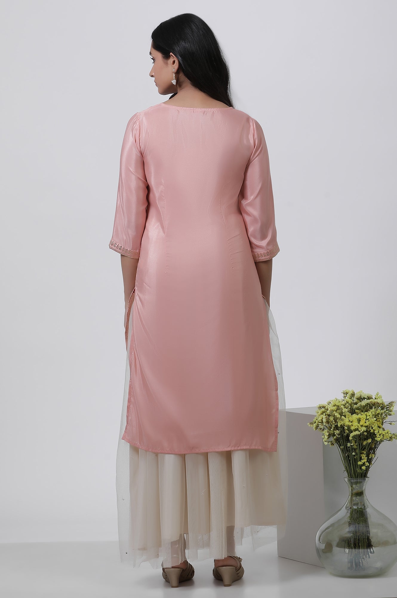 W for Woman Pink Mukaish Kurta And Mesh Skirt Set