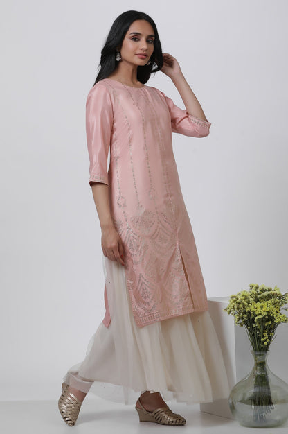 W for Woman Pink Mukaish Kurta And Mesh Skirt Set