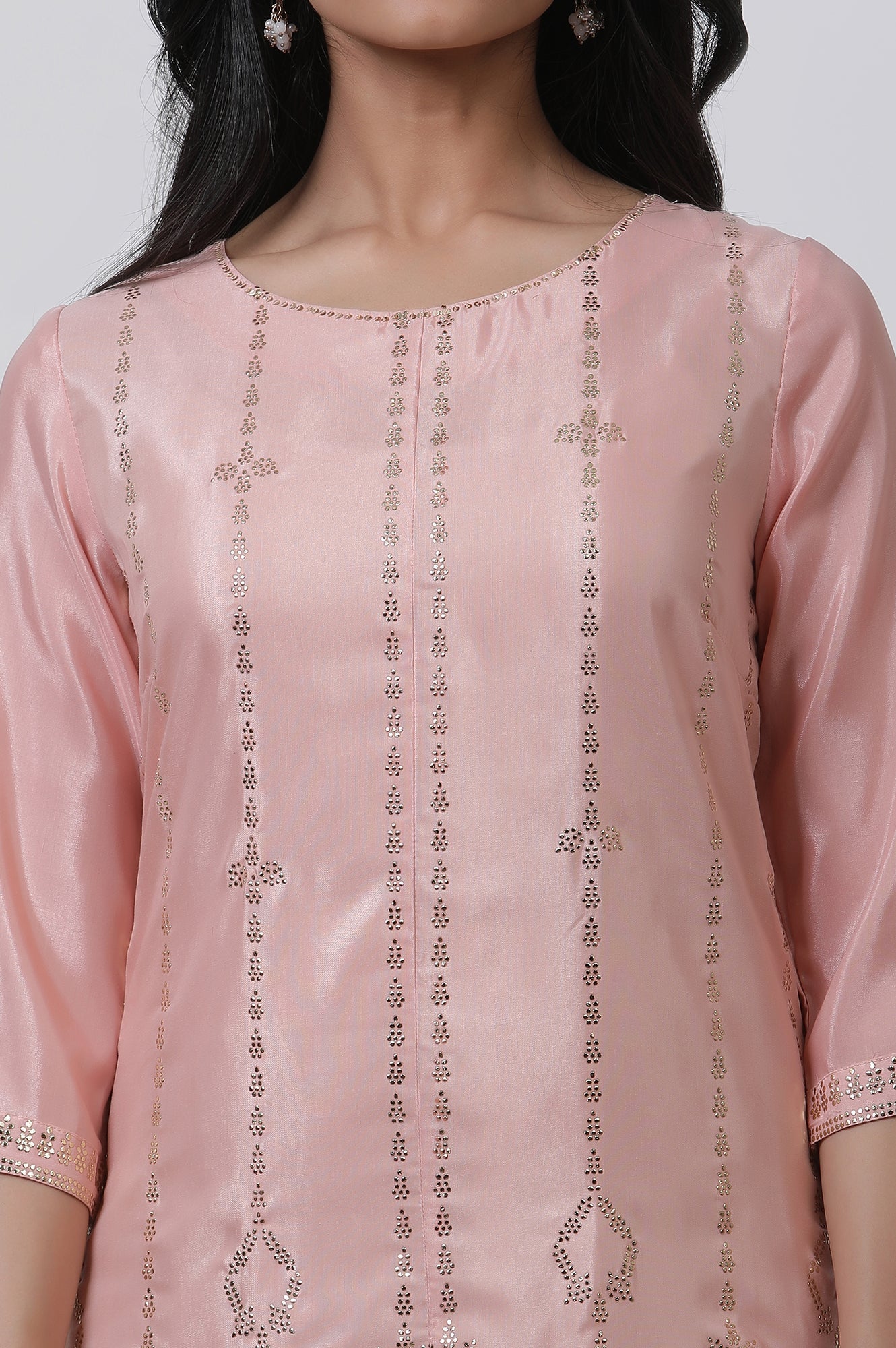 W for Woman Pink Mukaish Kurta And Mesh Skirt Set