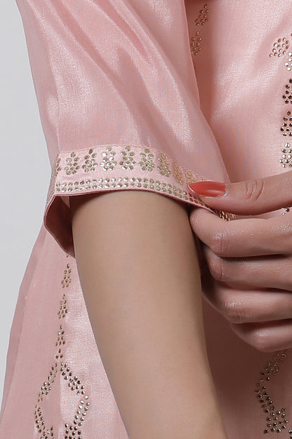 W for Woman Pink Mukaish Kurta And Mesh Skirt Set