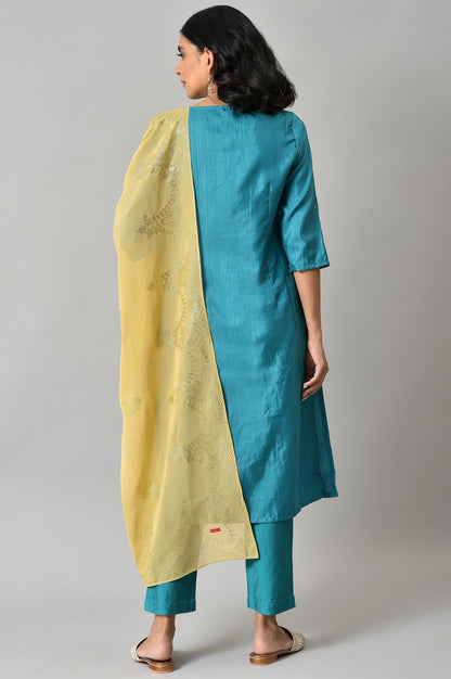 W for Woman Teal Sequin Highlighted kurta With Pants And Golden Dupatta