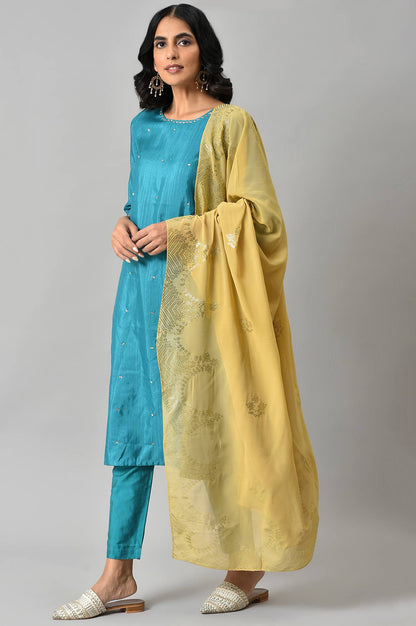 W for Woman Teal Sequin Highlighted kurta With Pants And Golden Dupatta