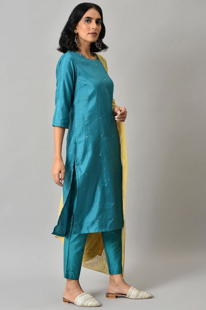 W for Woman Teal Sequin Highlighted kurta With Pants And Golden Dupatta