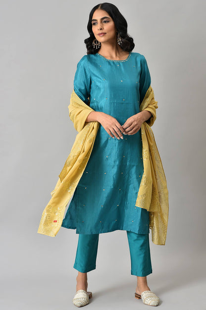 W for Woman Teal Sequin Highlighted kurta With Pants And Golden Dupatta
