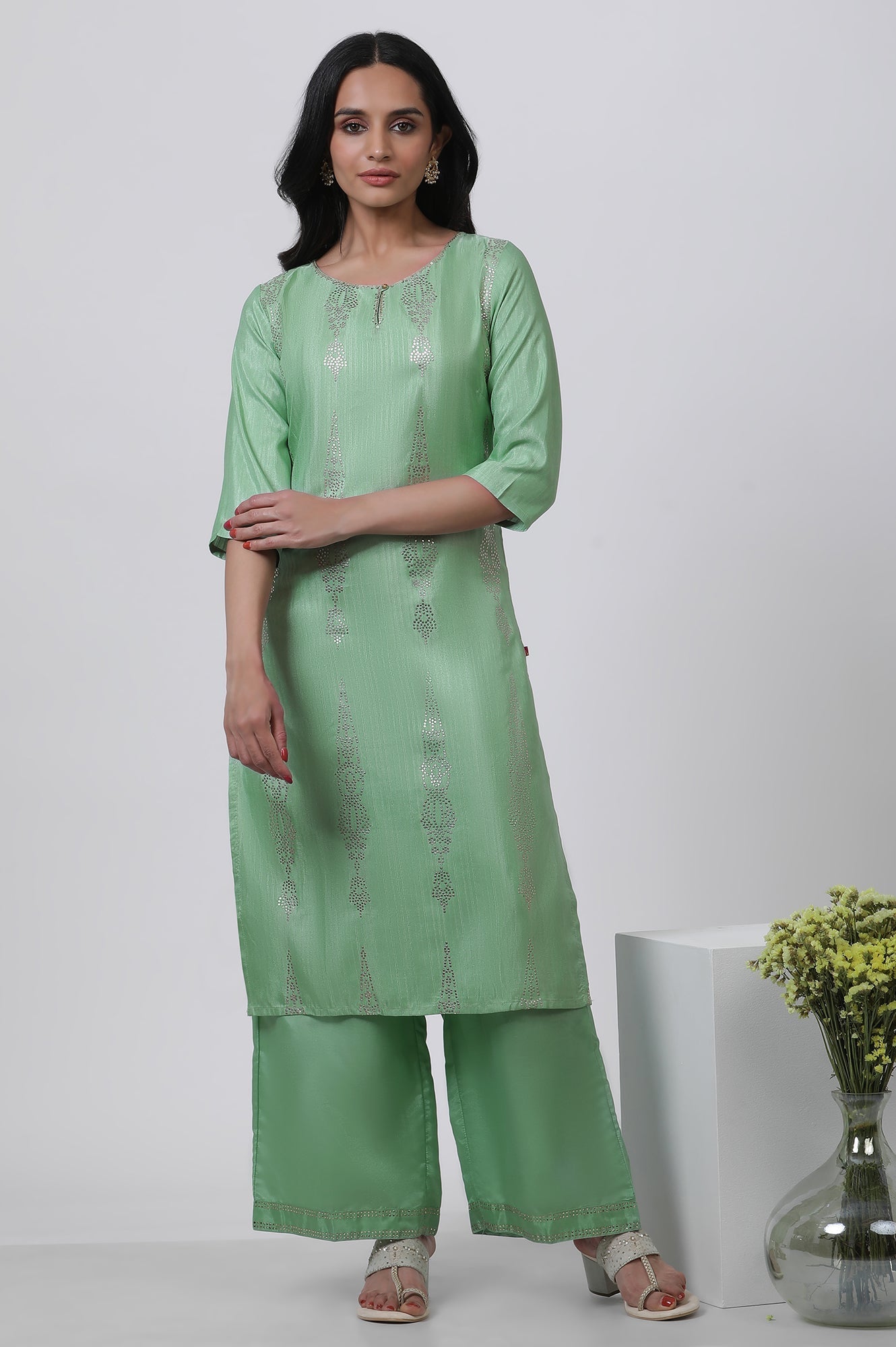 W for Woman Pistachio Green Mukaish Kurta And Pants Set