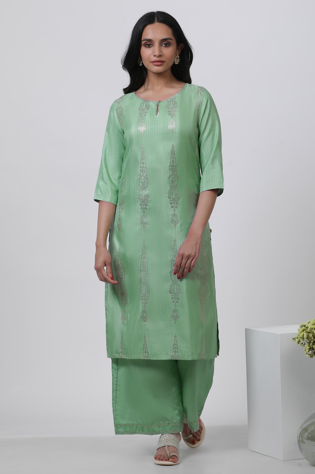 W for Woman Pistachio Green Mukaish Kurta And Pants Set