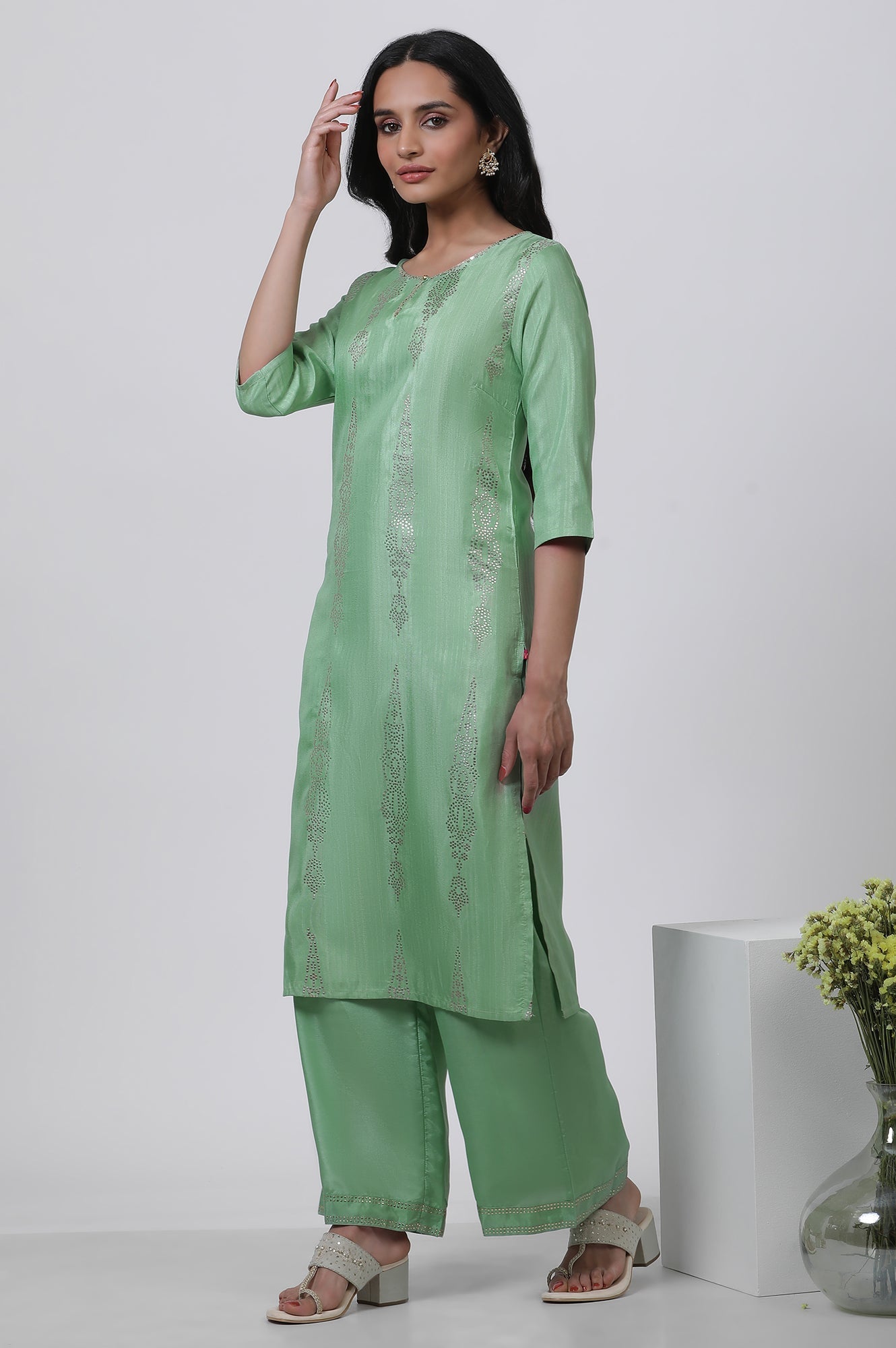 W for Woman Pistachio Green Mukaish Kurta And Pants Set