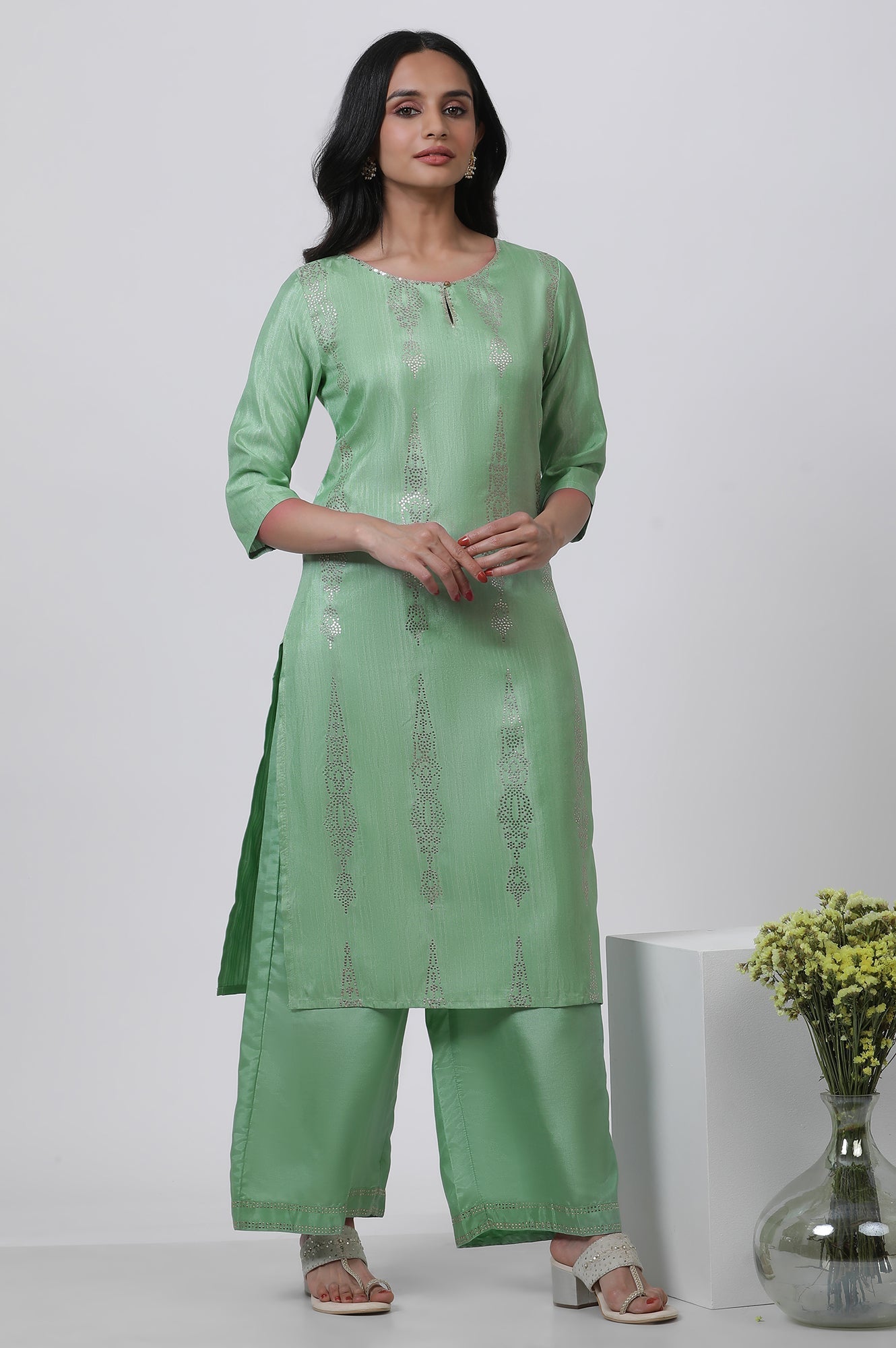 W for Woman Pistachio Green Mukaish Kurta And Pants Set