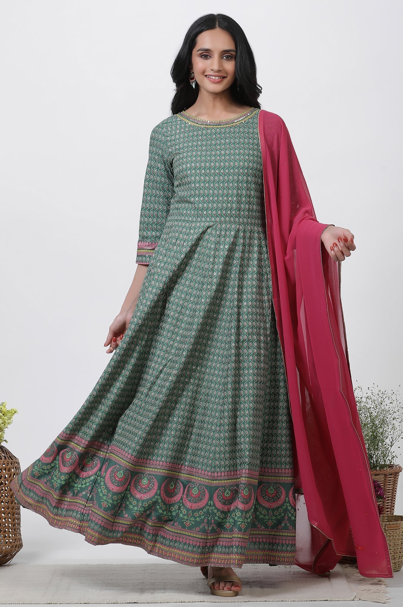 W for Woman Green Glitter Printed Kalidar Dress And Dupatta Set