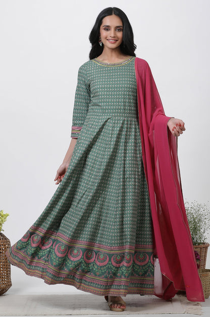 W for Woman Green Glitter Printed Kalidar Dress And Dupatta Set