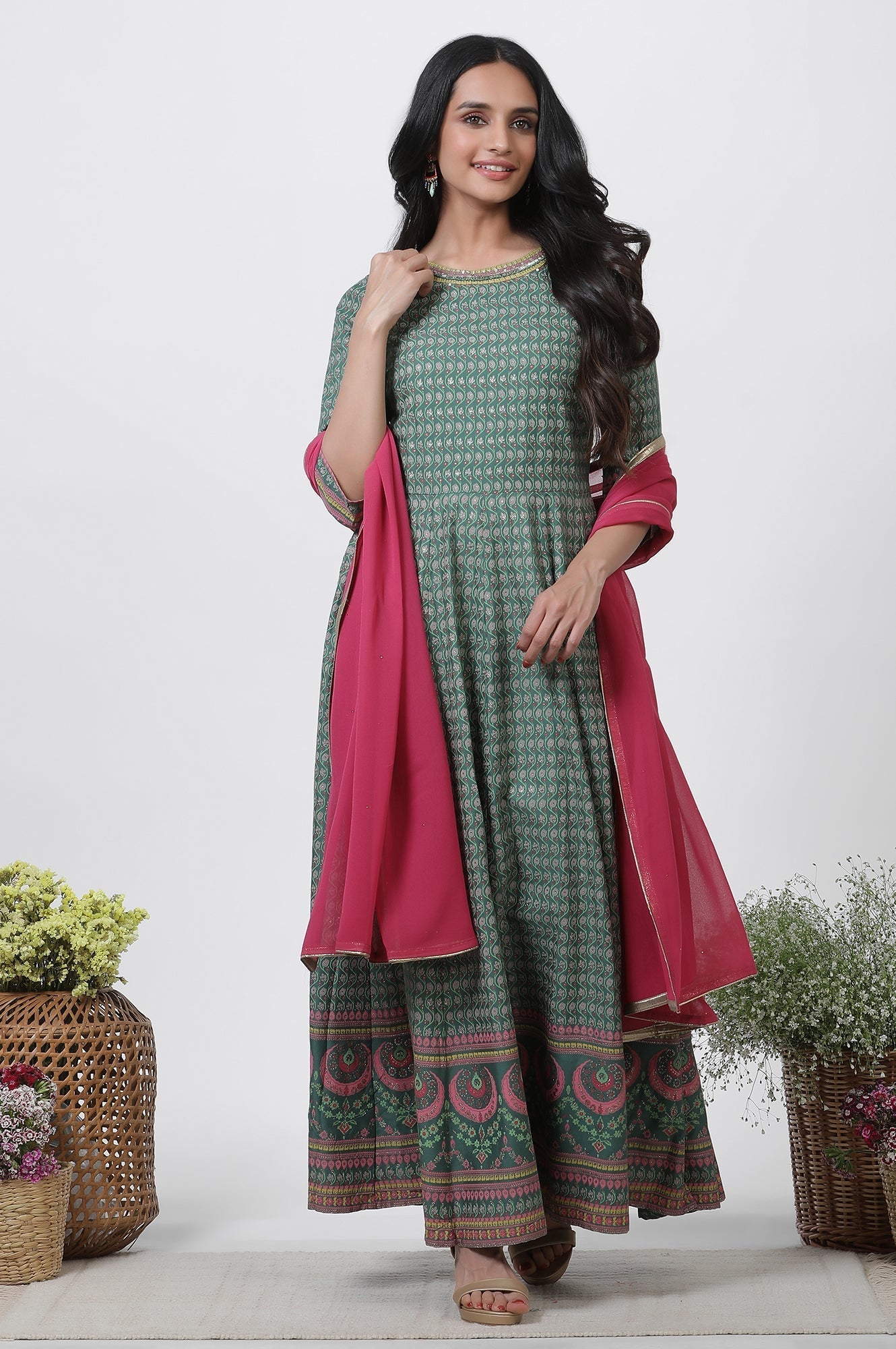 W for Woman Green Glitter Printed Kalidar Dress And Dupatta Set