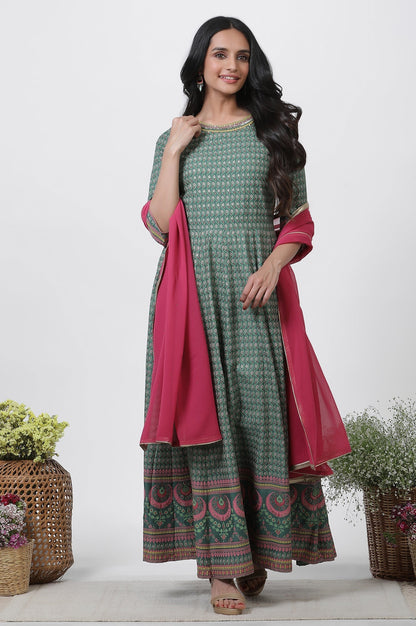 W for Woman Green Glitter Printed Kalidar Dress And Dupatta Set