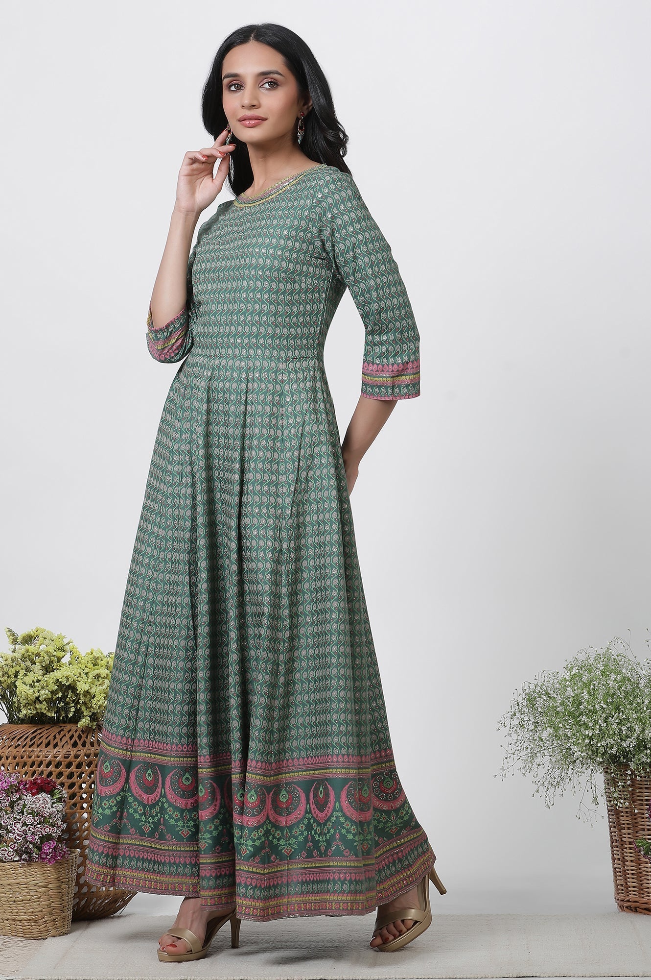 W for Woman Green Glitter Printed Kalidar Dress And Dupatta Set