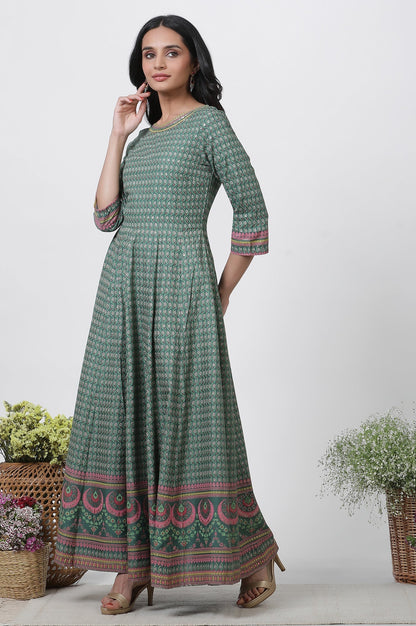 W for Woman Green Glitter Printed Kalidar Dress And Dupatta Set