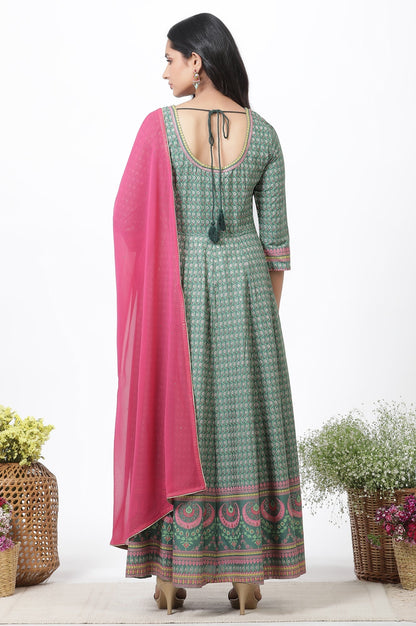 W for Woman Green Glitter Printed Kalidar Dress And Dupatta Set