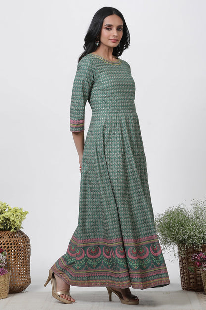 W for Woman Green Glitter Printed Kalidar Dress And Dupatta Set
