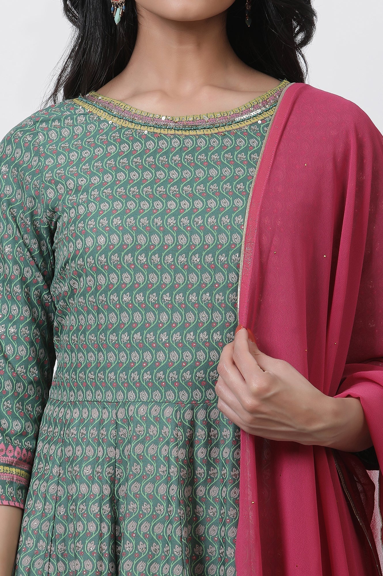 W for Woman Green Glitter Printed Kalidar Dress And Dupatta Set