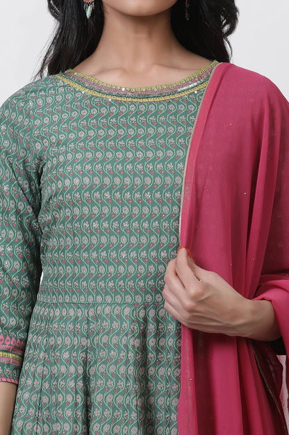 W for Woman Green Glitter Printed Kalidar Dress And Dupatta Set