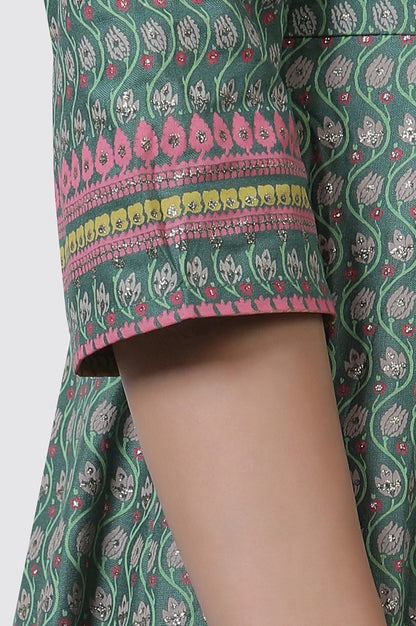 W for Woman Green Glitter Printed Kalidar Dress And Dupatta Set