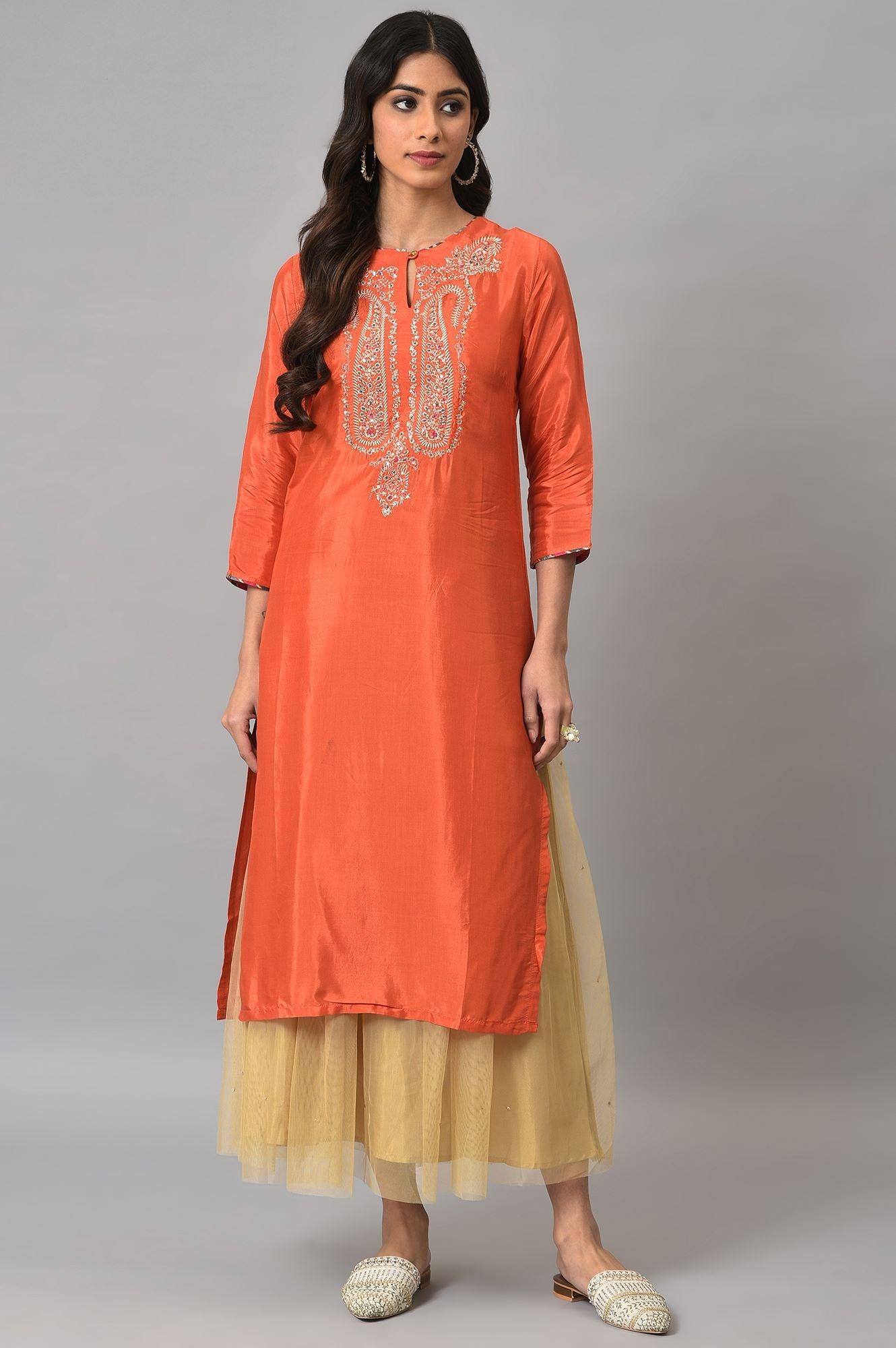 W for Woman Orange Embroidered Festive kurta With Golden Mesh Skirt