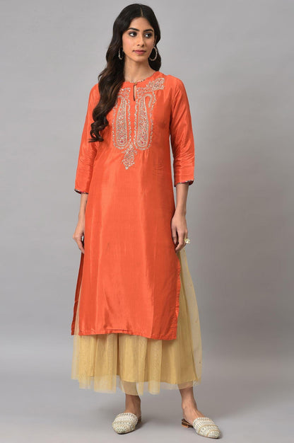 W for Woman Orange Embroidered Festive kurta With Golden Mesh Skirt